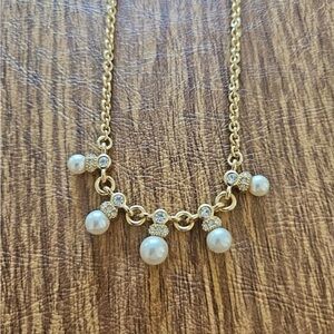 Vintage NWT Christian Dior Pearl Rhinestone Pendant Drop Gold Chain Necklace